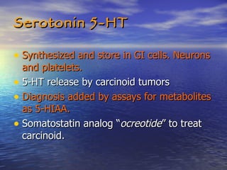 Serotonin 5-HT Synthesized and store in GI cells. Neurons and platelets. 5-HT release by carcinoid tumors Diagnosis added by assays for metabolites as 5-HIAA. Somatostatin analog “ ocreotide ” to treat carcinoid. 