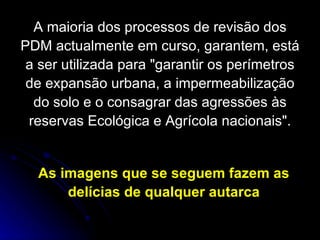 A maioria dos processos de revisão dos PDM actualmente em curso, garantem, está a ser utilizada para "garantir os perímetros de expansão urbana, a impermeabilização do solo e o consagrar das agressões às reservas Ecológica e Agrícola nacionais". As imagens que se seguem fazem as delícias de qualquer autarca 