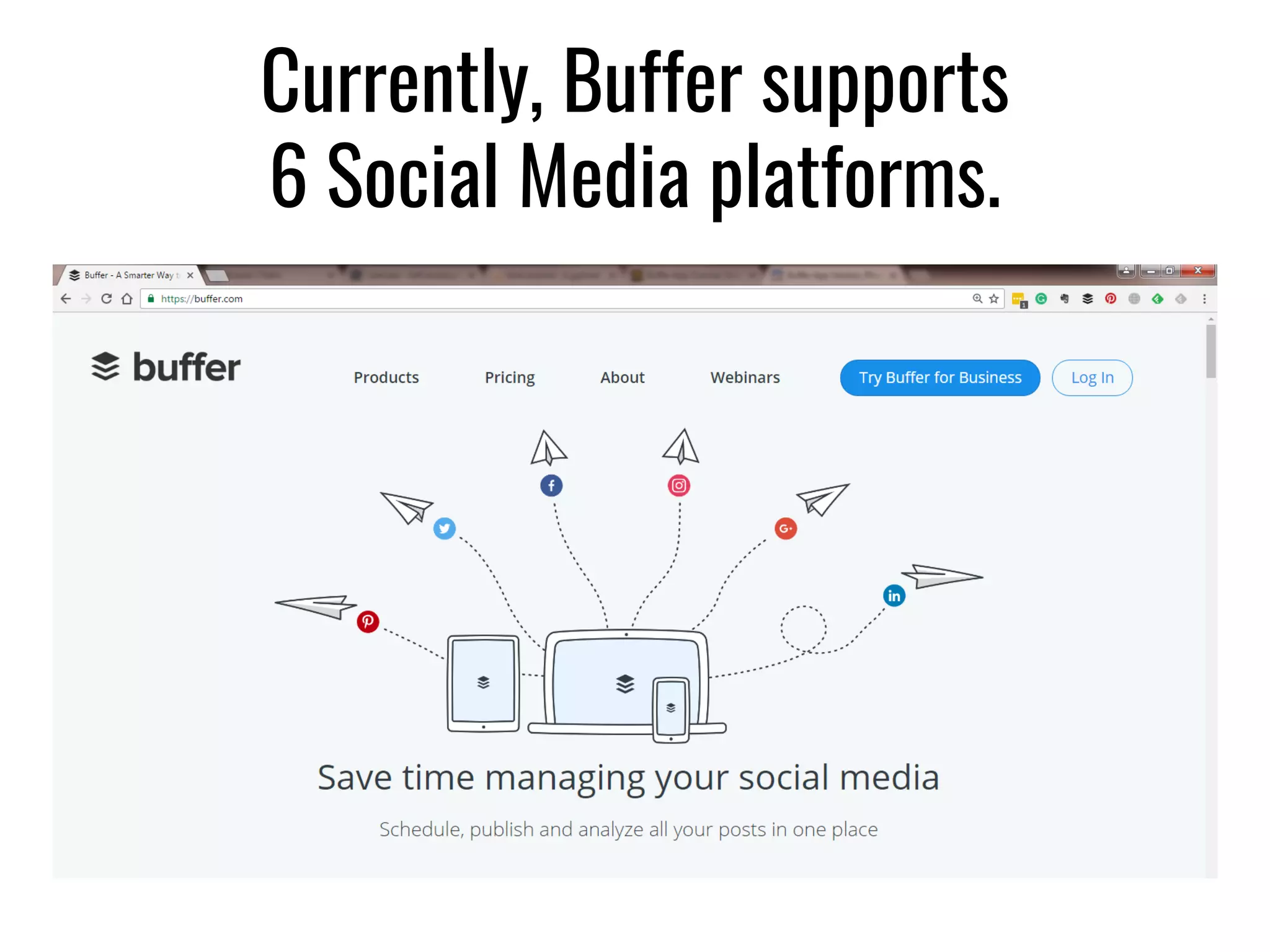 Currently, Buffer supports
6 Social Media platforms.
 