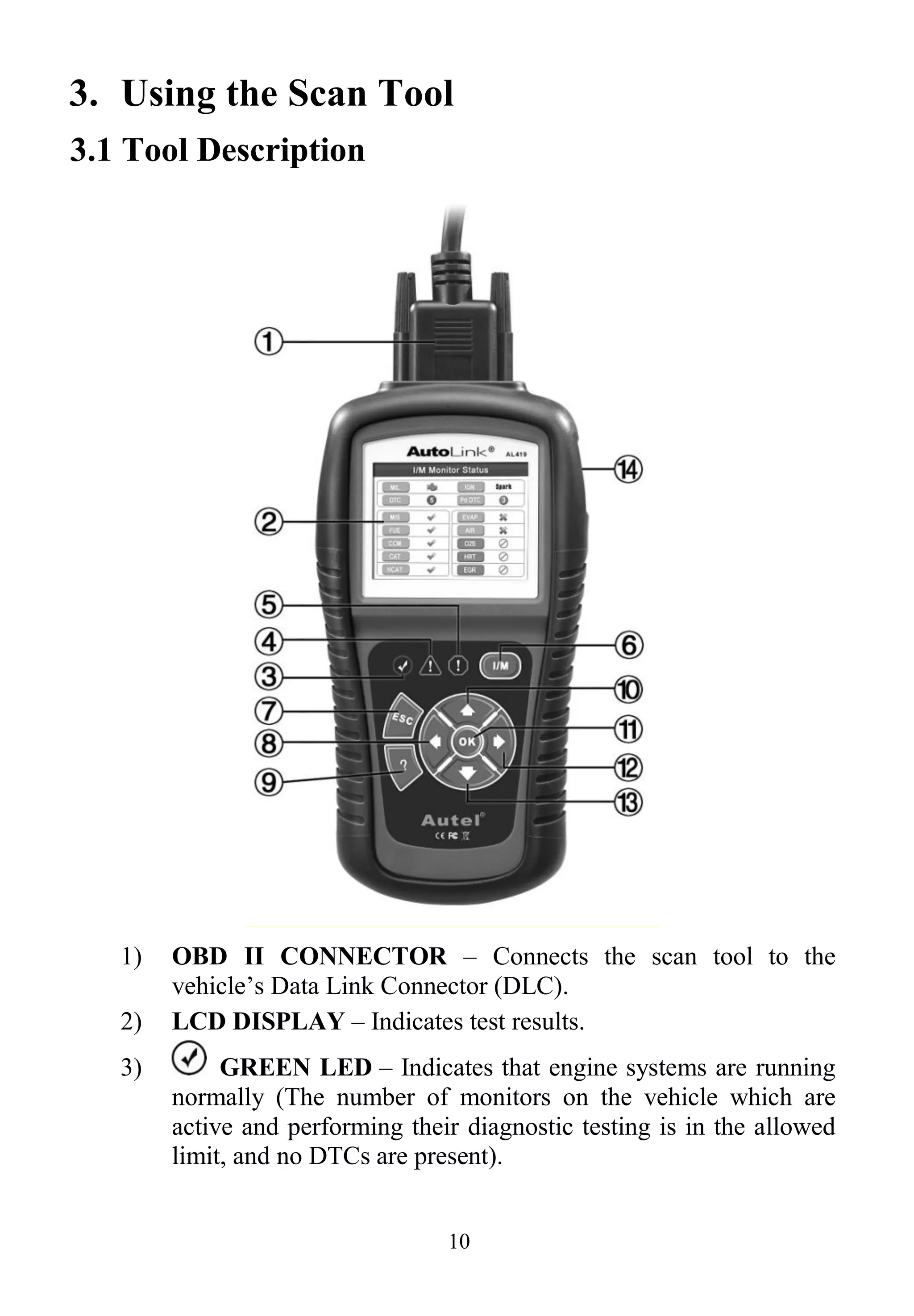 10
3. Using the Scan Tool
3.1 Tool Description
1) OBD II CONNECTOR – Connects the scan tool to the
vehicle‟s Data Link Connector (DLC).
2) LCD DISPLAY – Indicates test results.
3) GREEN LED – Indicates that engine systems are running
normally (The number of monitors on the vehicle which are
active and performing their diagnostic testing is in the allowed
limit, and no DTCs are present).
 
