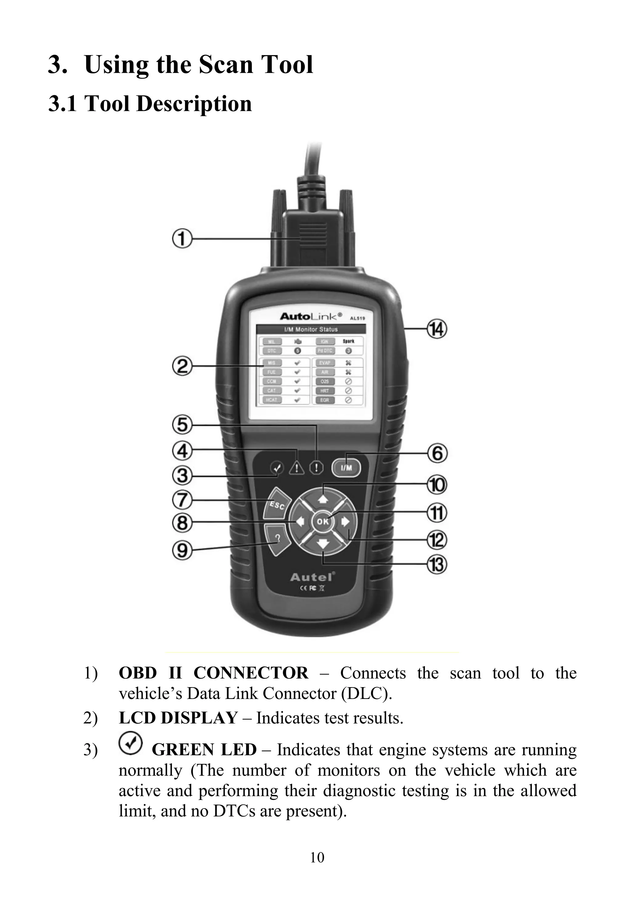 10
3. Using the Scan Tool
3.1 Tool Description
1) OBD II CONNECTOR – Connects the scan tool to the
vehicle‟s Data Link Connector (DLC).
2) LCD DISPLAY – Indicates test results.
3) GREEN LED – Indicates that engine systems are running
normally (The number of monitors on the vehicle which are
active and performing their diagnostic testing is in the allowed
limit, and no DTCs are present).
 