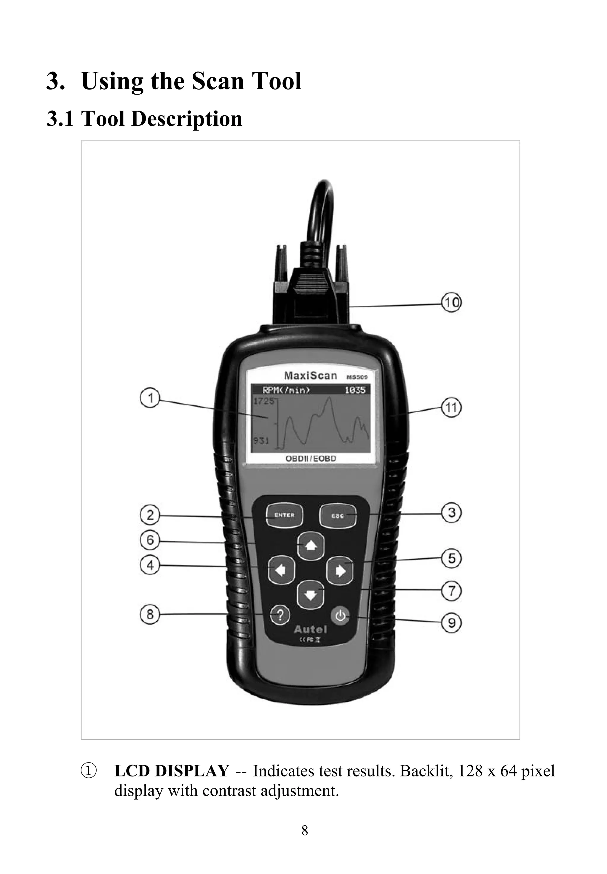 3. Using the Scan Tool
3.1 Tool Description
① LCD DISPLAY -- Indicates test results. Backlit, 128 x 64 pixel
display with contrast adjustment.
8
 