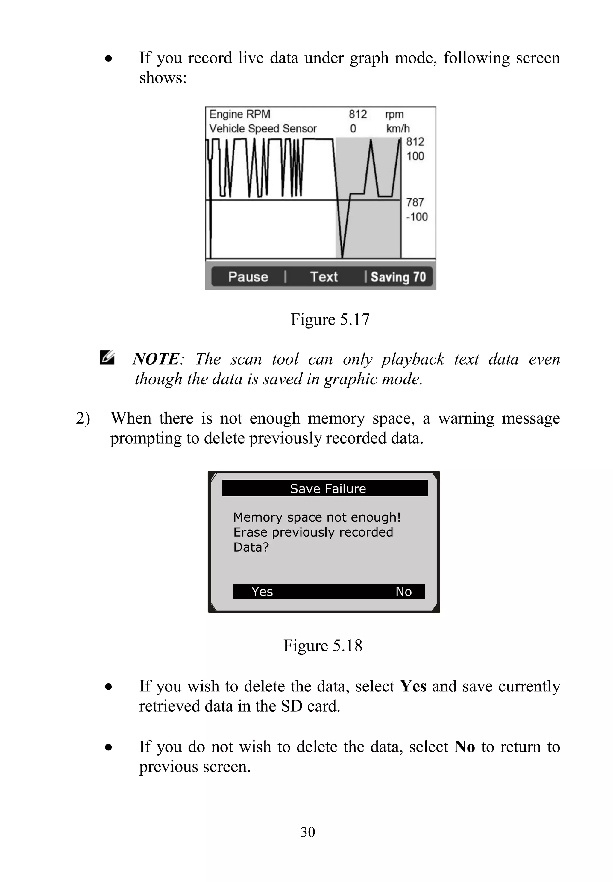 30
 If you record live data under graph mode, following screen
shows:
Figure 5.17
NOTE: The scan tool can only playback text data even
though the data is saved in graphic mode.
2) When there is not enough memory space, a warning message
prompting to delete previously recorded data.
Figure 5.18
 If you wish to delete the data, select Yes and save currently
retrieved data in the SD card.
 If you do not wish to delete the data, select No to return to
previous screen.
Save Failure
Memory space not enough!
Erase previously recorded
Data?
Yes No
 