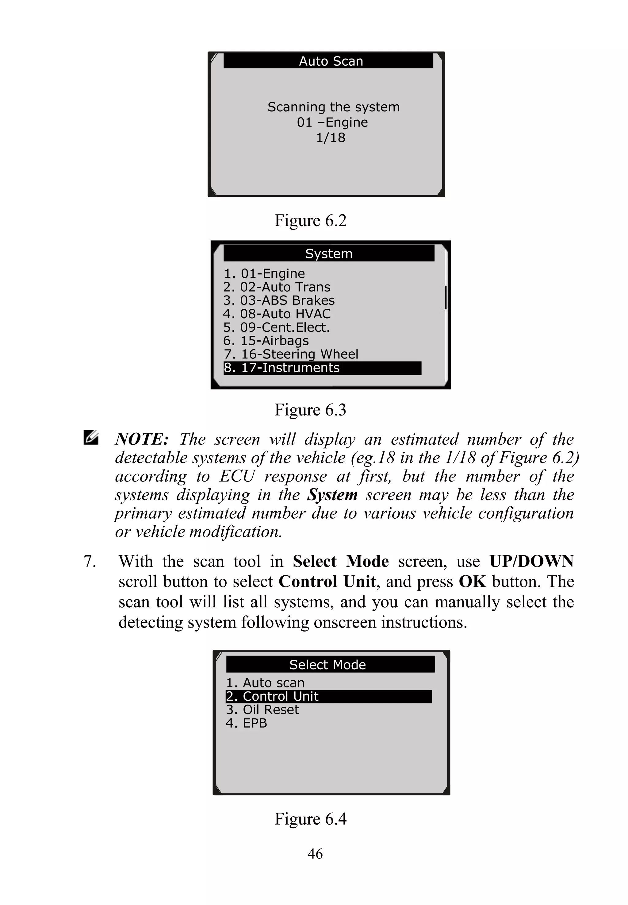 46
Figure 6.2
Figure 6.3
NOTE: The screen will display an estimated number of the
detectable systems of the vehicle (eg.18 in the 1/18 of Figure 6.2)
according to ECU response at first, but the number of the
systems displaying in the System screen may be less than the
primary estimated number due to various vehicle configuration
or vehicle modification.
7. With the scan tool in Select Mode screen, use UP/DOWN
scroll button to select Control Unit, and press OK button. The
scan tool will list all systems, and you can manually select the
detecting system following onscreen instructions.
Figure 6.4
Select Mode
1. Auto scan
2. Control Unit
3. Oil Reset
4. EPB
System
1. 01-Engine
2. 02-Auto Trans
3. 03-ABS Brakes
4. 08-Auto HVAC
5. 09-Cent.Elect.
6. 15-Airbags
7. 16-Steering Wheel
8. 17-Instruments
Auto Scan
Scanning the system
01 –Engine
1/18
 