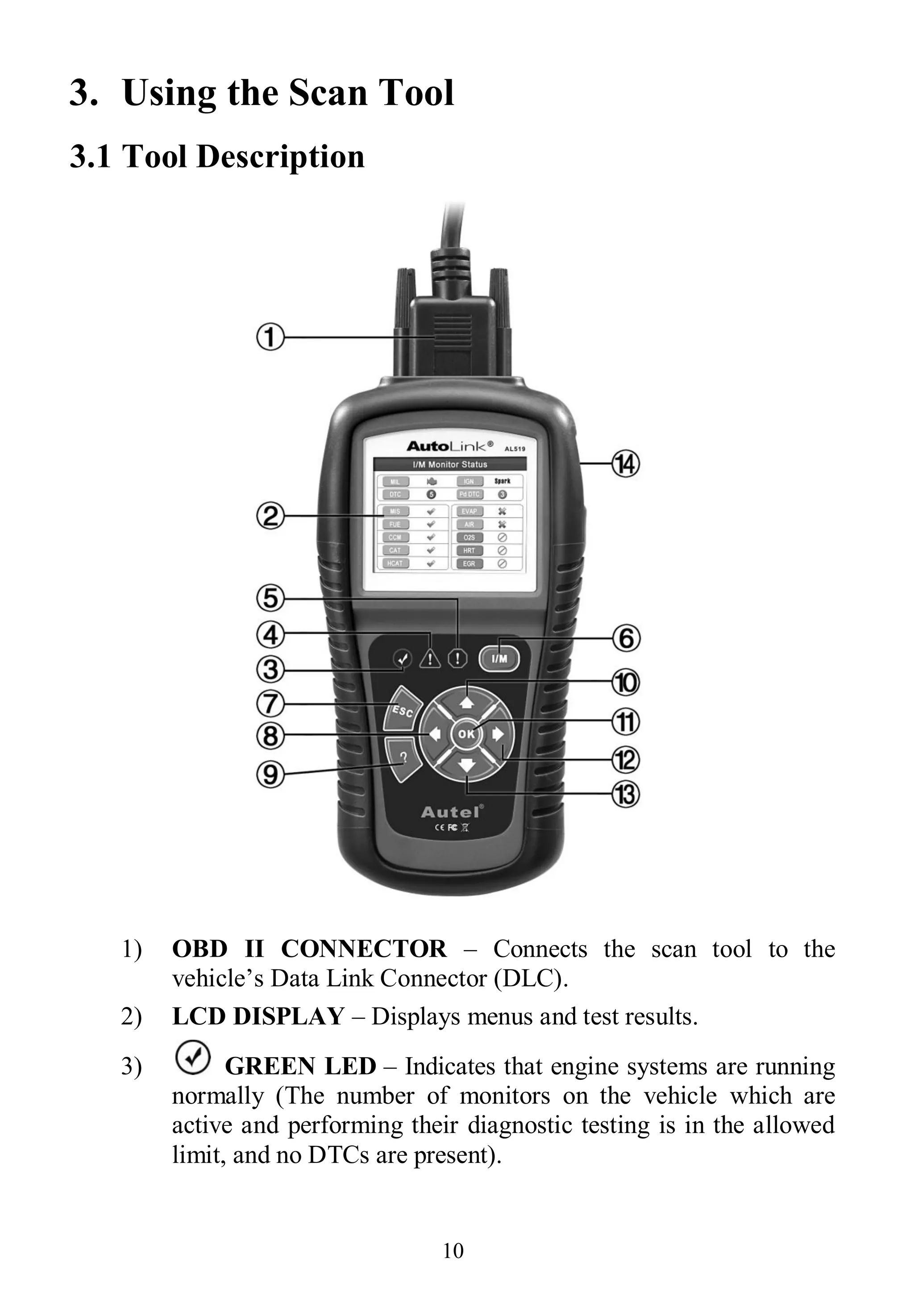 10
3. Using the Scan Tool
3.1 Tool Description
1) OBD II CONNECTOR – Connects the scan tool to the
vehicle’s Data Link Connector (DLC).
2) LCD DISPLAY – Displays menus and test results.
3) GREEN LED – Indicates that engine systems are running
normally (The number of monitors on the vehicle which are
active and performing their diagnostic testing is in the allowed
limit, and no DTCs are present).
 