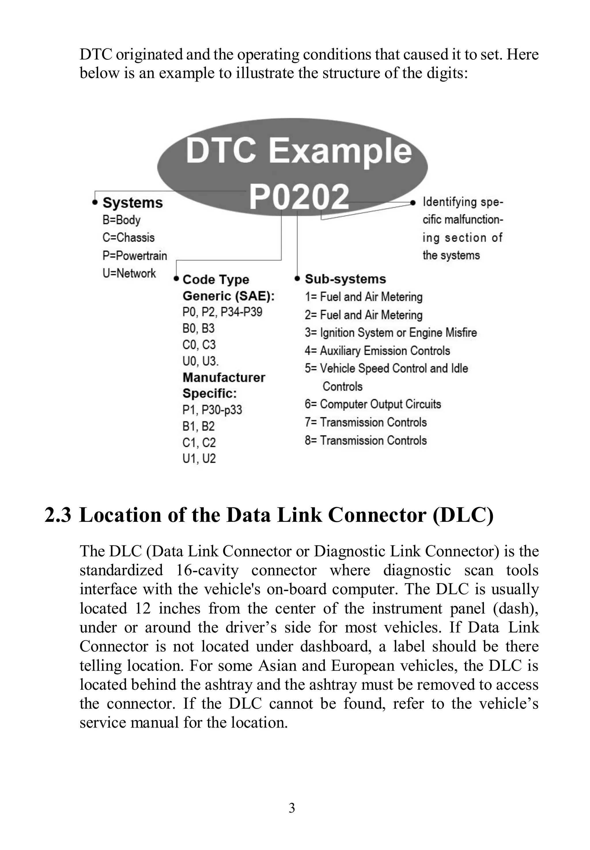 3
DTC originated and the operating conditions that caused it to set. Here
below is an example to illustrate the structure of the digits:
2.3 Location of the Data Link Connector (DLC)
The DLC (Data Link Connector or Diagnostic Link Connector) is the
standardized 16-cavity connector where diagnostic scan tools
interface with the vehicle's on-board computer. The DLC is usually
located 12 inches from the center of the instrument panel (dash),
under or around the driver’s side for most vehicles. If Data Link
Connector is not located under dashboard, a label should be there
telling location. For some Asian and European vehicles, the DLC is
located behind the ashtray and the ashtray must be removed to access
the connector. If the DLC cannot be found, refer to the vehicle’s
service manual for the location.
 