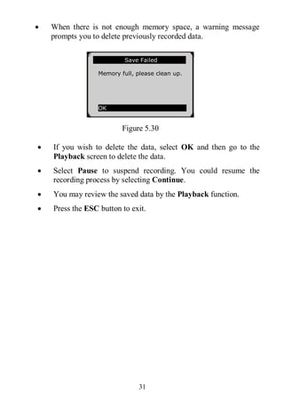 31
 When there is not enough memory space, a warning message
prompts you to delete previously recorded data.
Figure 5.30
 If you wish to delete the data, select OK and then go to the
Playback screen to delete the data.
 Select Pause to suspend recording. You could resume the
recording process by selecting Continue.
 You may review the saved data by the Playback function.
 Press the ESC button to exit.
Save Failed
Memory full, please clean up.
OK
 