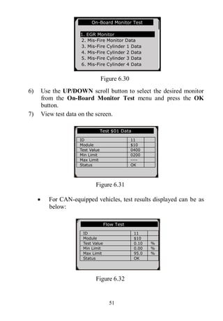 51
Figure 6.30
6) Use the UP/DOWN scroll button to select the desired monitor
from the On-Board Monitor Test menu and press the OK
button.
7) View test data on the screen.
Figure 6.31
 For CAN-equipped vehicles, test results displayed can be as
below:
Figure 6.32
On-Board Monitor Test .
1. EGR Monitor
2. Mis-Fire Monitor Data
3. Mis-Fire Cylinder 1 Data
4. Mis-Fire Cylinder 2 Data
5. Mis-Fire Cylinder 3 Data
6. Mis-Fire Cylinder 4 Data
Test $01 Data
ID 11
Module $10
Test Value 0400
Min Limit 0200
Max Limit ----
Status OK
Flow Test
ID 11
Module $10
Test Value 0.10 %
Min Limit 0.00 %
Max Limit 95.0 %
Status OK
 