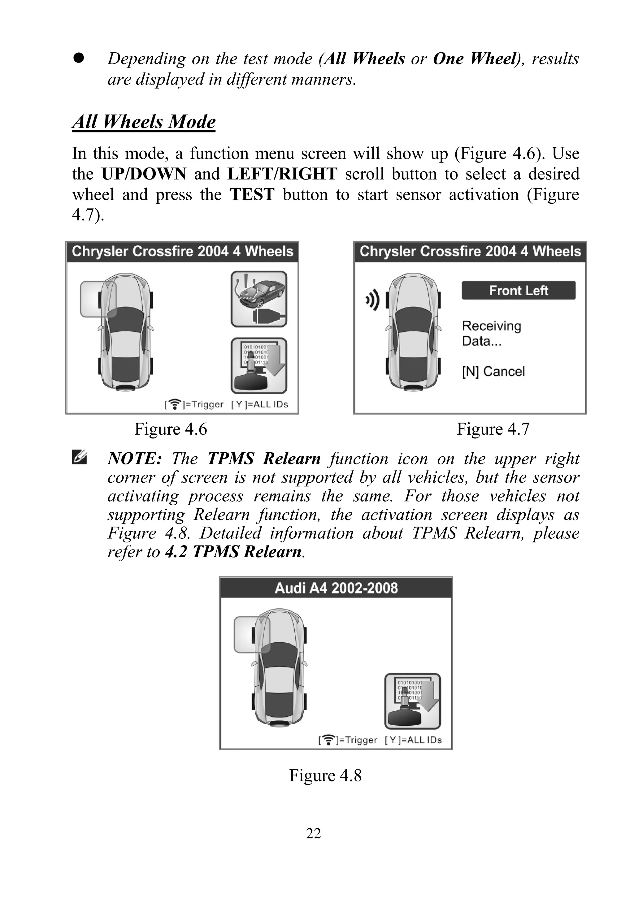 22
 Depending on the test mode (All Wheels or One Wheel), results
are displayed in different manners.
All Wheels Mode
In this mode, a function menu screen will show up (Figure 4.6). Use
the UP/DOWN and LEFT/RIGHT scroll button to select a desired
wheel and press the TEST button to start sensor activation (Figure
4.7).
Figure 4.6 Figure 4.7
NOTE: The TPMS Relearn function icon on the upper right
corner of screen is not supported by all vehicles, but the sensor
activating process remains the same. For those vehicles not
supporting Relearn function, the activation screen displays as
Figure 4.8. Detailed information about TPMS Relearn, please
refer to 4.2 TPMS Relearn.
Figure 4.8
 