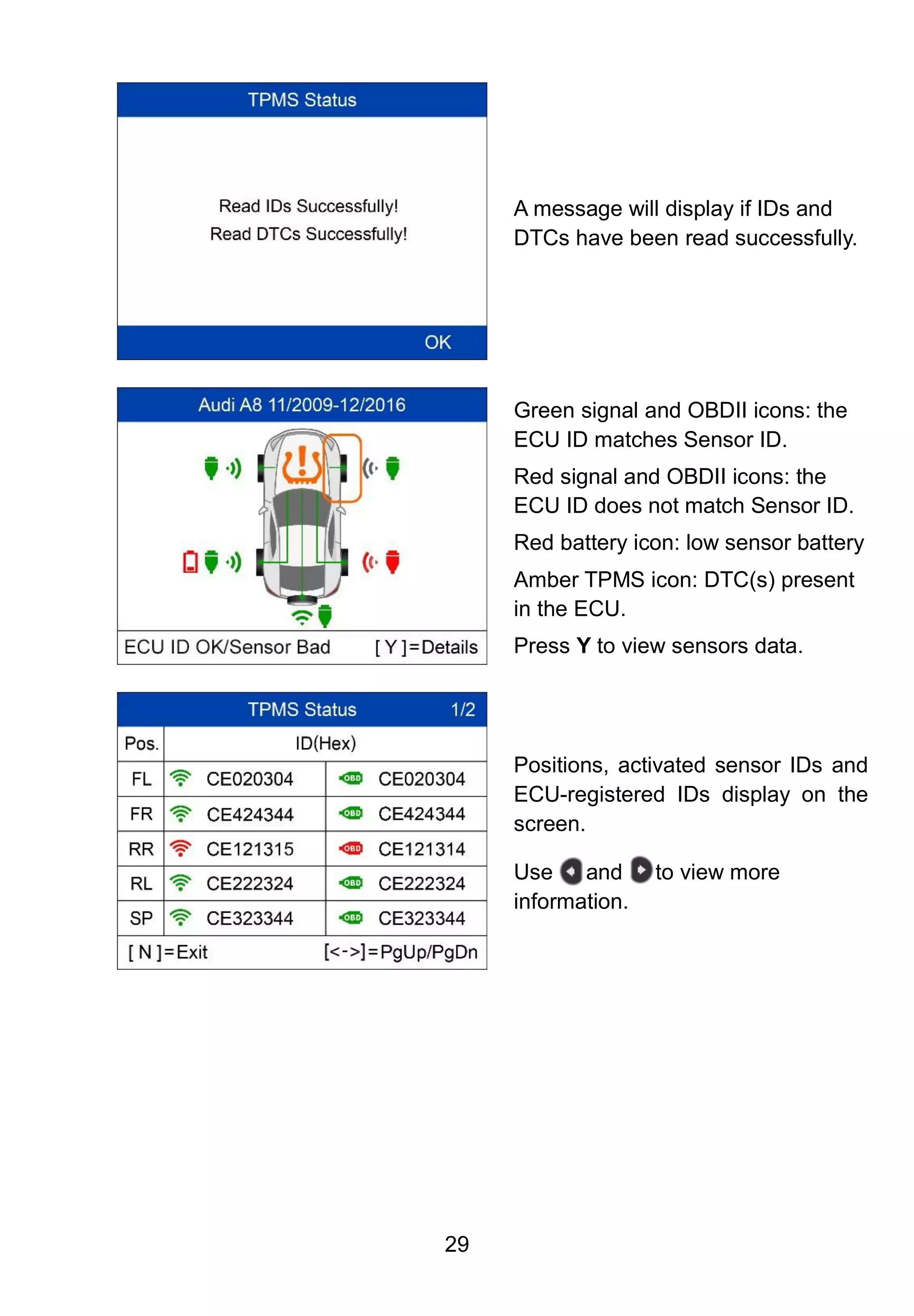 29
A message will display if IDs and
DTCs have been read successfully.
Green signal and OBDII icons: the
ECU ID matches Sensor ID.
Red signal and OBDII icons: the
ECU ID does not match Sensor ID.
Red battery icon: low sensor battery
Amber TPMS icon: DTC(s) present
in the ECU.
Press Y to view sensors data.
Positions, activated sensor IDs and
ECU-registered IDs display on the
screen.
Use and to view more
information.
 