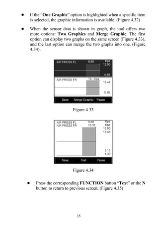35
 If the “One Graphic” option is highlighted when a specific item
is selected, the graphic information is available. (Figure 4.32)
 When the sensor data is shown in graph, the tool offers two
more options: Two Graphics and Merge Graphic. The first
option can display two graphs on the same screen (Figure 4.33),
and the last option can merge the two graphs into one. (Figure
4.34).
Figure 4.33
Figure 4.34
 Press the corresponding FUNCTION button “Text” or the N
button to return to previous screen. (Figure 4.35)
 