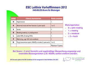 ESC Leitlinie Vorhofflimmern 2012
HAS-BLED-Score für Blutungen
2012 focused update of the ESC Guidelines for the management of atrial fibrillation, EHJ 2012
Blutungsrisiko:
0 = sehr niedrig
1 = niedrig
2 = moderat
≥≥≥≥ 3 = hoch
Bei Score ≥≥≥≥ 3 sind Vorsicht und regelmäßige Überprüfung angezeigt und
reversible Blutungsrisiken (z.B. NSAR) sollten entfernt werden.
 