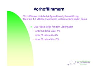 Vorhofflimmern
Vorhofflimmern ist die häufigste Herzrhythmusstörung.
Mehr als 1,8 Millionen Menschen in Deutschland leiden daran.
► Das Risiko steigt mit dem Lebensalter
• unter 50 Jahre unter 1%
• über 60 Jahre 4%-6%
• über 80 Jahre 9%-16%
 