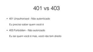 401 vs 403
• 401 Unauthorised - Não autenticado
Eu preciso saber quem você é
• 403 Forbidden - Não autorizado
Eu sei quem você é mas, você não tem direito
 