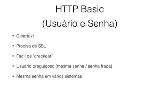 HTTP Basic
(Usuário e Senha)
• Cleartext
• Precisa de SSL
• Fácil de "crackear"
• Usuário preguiçoso (mesma senha / senha fraca)
• Mesma senha em vários sistemas
 