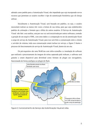 adotado como padrão para a Autenticação Visual, não impedindo que seja incorporado novos
recursos que permitam ao usuário escolher o tipo de autenticação biométrica que ele deseja
utilizar.

            Inicialmente a Autenticação Visual, será baseada em padrões, ou seja, o usuário
necessitará realizar ao menos três vezes a leitura de sua retina, para que seja estabelecidos
padrões de coloração e formato que o difere de outros usuários. O Serviço de Autenticação
Visual não fará essa análise, esta por sua vez será terceirizada por outros softwares, contudo
a geração de um arquivo XML, com estes dados e a comparação no ato da autenticação ficará
a cargo do serviço da Autenticação Visual, para isso será feito a comunicação entre o cliente
e servidor do sistema, toda essa comunicação estará incluso no serviço, a figura 2 ilustra o
processo do funcionamento do serviço de Autenticação Visual, dentro de um site.

            Os pré-requisitos são uma WebCam com infra-vermelho e a instalação do software
que realizará o processamento da imagem da retina capturada pela webcam, o software será
gratuito e estará disponível para download como formato de plugin aos navegadores,
funcionando de forma analógica ao plugin do flash.




Figura 2. Funcionamento do Serviço de Autenticação Visual em sites.




                                                                                            5
 
