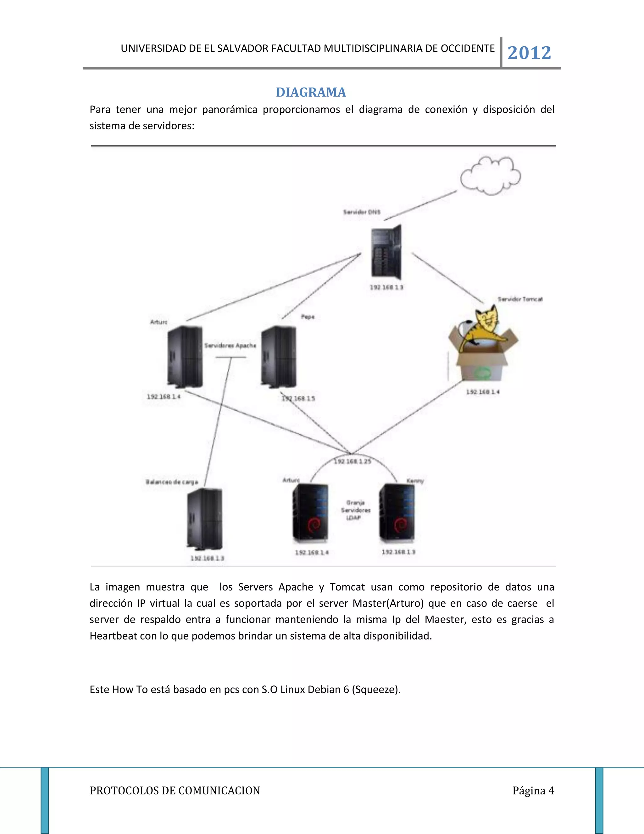 UNIVERSIDAD DE EL SALVADOR FACULTAD MULTIDISCIPLINARIA DE OCCIDENTE
                                                                                     2012
                                      DIAGRAMA
Para tener una mejor panorámica proporcionamos el diagrama de conexión y disposición del
sistema de servidores:




La imagen muestra que los Servers Apache y Tomcat usan como repositorio de datos una
dirección IP virtual la cual es soportada por el server Master(Arturo) que en caso de caerse el
server de respaldo entra a funcionar manteniendo la misma Ip del Maester, esto es gracias a
Heartbeat con lo que podemos brindar un sistema de alta disponibilidad.



Este How To está basado en pcs con S.O Linux Debian 6 (Squeeze).




PROTOCOLOS DE COMUNICACION                                                            Página 4
 