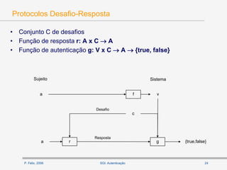 P. Félix, 2006 24SGI: Autenticação
Protocolos Desafio-Resposta
• Conjunto C de desafios
• Função de resposta r: A x C  A
• Função de autenticação g: V x C  A  {true, false}
Sujeito Sistema
a f v
ga {true,false}
c
r
Desafio
Resposta
 