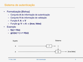 P. Félix, 2006 5SGI: Autenticação
Sistema de autenticação
• Formalização [Bishop]
– Conjunto A de informação de autenticação
– Conjunto V de informação de validação
– Função f: A  V
– Função g: V  A  {true, false}
• Exemplo
– f(a) = H(a)
– g(v)(a) = ( v = H(a))
Sujeito Sistema
a f v
ga {true,false}
 