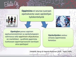 Poliisiammattikorkeakoulu Petra Knuuttila
Oppimista ei seuraa suoraan
opetuksesta vaan opiskelijan
työskentelystä
Opettajien panos sopivien
opetusmenetelmien ja opiskelutapojen
valinnassa sekä oppimisen ohjauksessa
on merkittävä - syvällistä oppimista
tuottavaan oppimisprosessiin tarvitaan
aina opettajaa!
Opiskelijoiden vastuu
omasta oppimisesta
korostuu
(Heikkilä, Nevgi & Haarala-Muhonen 2005; Vopla 2006)
 