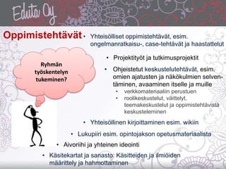 Ryhmän
työskentelyn
tukeminen?
• Yhteisölliset oppimistehtävät, esim.
ongelmanratkaisu-, case-tehtävät ja haastattelut
• Ohjeistetut keskustelutehtävät, esim.
omien ajatusten ja näkökulmien selven-
täminen, avaaminen itselle ja muille
• verkkomateriaaliin perustuen
• roolikeskustelut, väittelyt,
teemakeskustelut ja oppimistehtävistä
keskusteleminen
• Lukupiiri esim. opintojakson opetusmateriaalista
• Yhteisöllinen kirjoittaminen esim. wikiin
• Käsitekartat ja sanasto: Käsitteiden ja ilmiöiden
määrittely ja hahmottaminen
Oppimistehtävät
• Projektityöt ja tutkimusprojektit
• Aivoriihi ja yhteinen ideointi
 