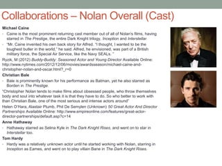 Collaborations – Nolan Overall (Cast)
Michael Caine
• Caine is the most prominent returning cast member out of all of Nolan’s films, having
starred in The Prestige, the entire Dark Knight trilogy, Inception and Interstellar.
• “Mr. Caine invented his own back story for Alfred. “I thought, I wanted to be the
toughest butler in the world,” he said. Alfred, he envisioned, was part of a British
military force, the Special Air Service, like the Navy SEALs. ”
Ryzik, M (2012) Buddy-Buddy: Seasoned Actor and Young Director Available Online:
http://www.nytimes.com/2012/12/06/movies/awardsseason/michael-caine-and-
christopher-nolan-and-oscar.html?_r=0
Christian Bale
• Bale is prominently known for his performance as Batman, yet he also starred as
Borden in The Prestige.
“Christopher Nolan tends to make films about obsessed people, who throw themselves
body and soul into whatever task it is that they have to do. So who better to work with
than Christian Bale, one of the most serious and intense actors around”
Helen O’Hara, Alastair Plumb, Phil De Semylen (Unknown) 50 Great Actor And Director
Partnerships Available Online: http://www.empireonline.com/features/great-actor-
director-partnerships/default.asp?c=14
Anne Hathaway
• Hathaway starred as Selina Kyle in The Dark Knight Rises, and went on to star in
Interstellar too.
Tom Hardy
• Hardy was a relatively unknown actor until he started working with Nolan, starring in
Inception as Eames, and went on to play villain Bane in The Dark Knight Rises.
 