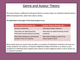 Genre and Auteur TheoryThe auteur theory is different to the genre theory as auteur draws our attention towards what is different between film, rather than what is similar.The table below is from page 7 of the hand out given to me.Many media texts are meant to be consider as a product of individuals creativity and many are simply ‘products’ for instants, Tim Burtons Nightmare before Christmas is an auteur as you recognise his individual style of gothic tones where as Heat magazine writer is not an auteur as it is a generic product.    