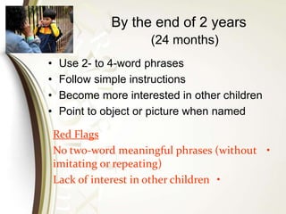 By the end of 2 years
(24 months)
• Use 2- to 4-word phrases
• Follow simple instructions
• Become more interested in other children
• Point to object or picture when named
Red Flags
•No two-word meaningful phrases (without
imitating or repeating)
•Lack of interest in other children
 