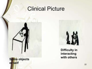 22
Spins objects
or self
Difficulty in
interacting
with others
Clinical Picture
 