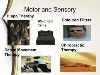 Motor and Sensory
• Hippo Therapy
Dance Movement
Therapy
Chiropractic
Therapy
Coloured FiltersWeighted
Items
 