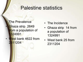 Palestine statistics
• The Prevalence
• Ghaza strip 2649
from a population of
1324991
• West bank 4622 from
2311204
• The Incidence
• Ghaza strip 14 from
a population of
1324991
• West bank 25 from
2311204
 