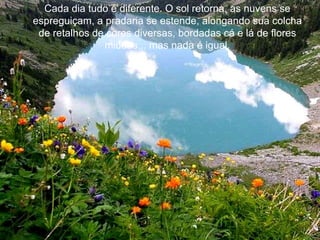 Cada dia tudo é diferente. O sol retorna, as nuvens se espreguiçam, a pradaria se estende, alongando sua colcha de retalhos de cores diversas, bordadas cá e lá de flores miúdas... mas nada é igual. 