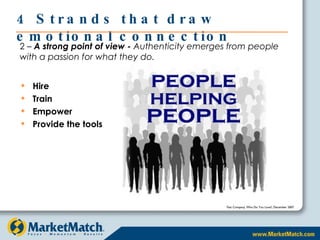 4 Strands that draw emotional connection 2 –  A strong point of view -  Authenticity emerges from people with a passion for what they do. Fast Company, Who Do You Love?, December 2007 Hire Train Empower  Provide the tools 