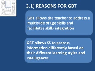 3.1) REASONS FOR GBT

GBT allows the teacher to address a
multitude of Lge skills and
facilitates skills integration


GBT allows SS to process
information differently based on
 •
their different learning styles and
intelligences
 •
 