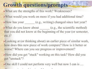 Growth questions/prompts
What are the strengths of this work? Weaknesses?
What would you work on more if you had additional time?
How has your ______ (e.g., writing) changed since last year?
What do you know about ______ (e.g., the scientific method)
that you did not know at the beginning of the year (or semester,
etc.)?
Looking at (or thinking about) an earlier piece of similar work,
how does this new piece of work compare? How is it better or
worse? Where can you see progress or improvement?
How did you get "stuck" working on this task? How did you
get "unstuck"?
One skill I could not perform very well but now I can is ....
 