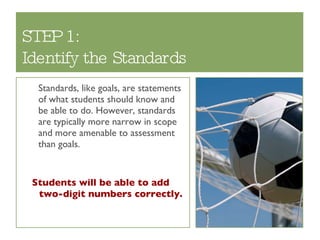 STEP 1:  Identify the Standards Standards, like goals, are statements of what students should know and be able to do. However, standards are typically more narrow in scope and more amenable to assessment than goals.  Students will be able to add  two-digit numbers correctly. 