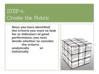 STEP 4:  Create the Rubric Once you have identified  the criteria you want to look for as indicators of good performance, you next decide whether to consider  the criteria analytically  or holistically. 