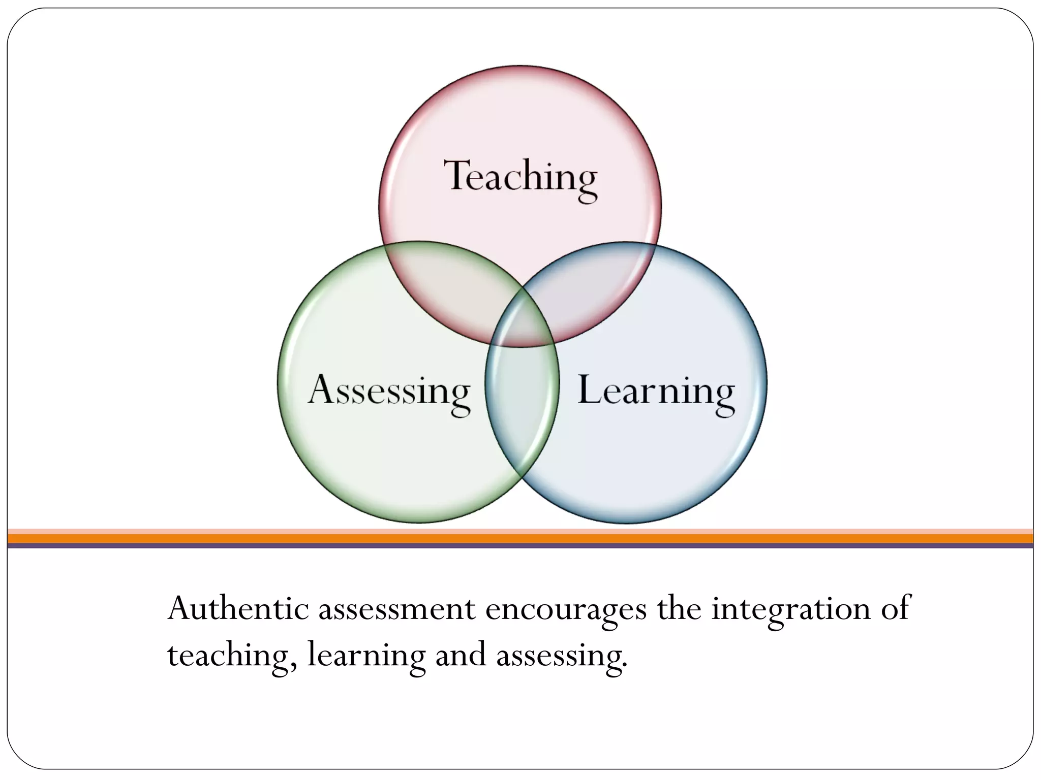 Authentic assessment encourages the integration of teaching, learning and assessing. 