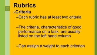 Rubrics
›Criteria
–Each rubric has at least two criteria
–The criteria, characteristics of good
performance on a task, are usually
listed on the left hand column
–Can assign a weight to each criterion
 