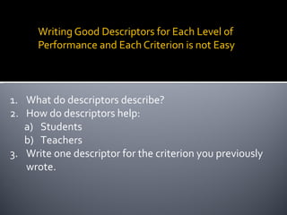 Writing Good Descriptors for Each Level of
      Performance and Each Criterion is not Easy



1. What do descriptors describe?
2. How do descriptors help:
   a) Students
   b) Teachers
3. Write one descriptor for the criterion you previously
   wrote.
 