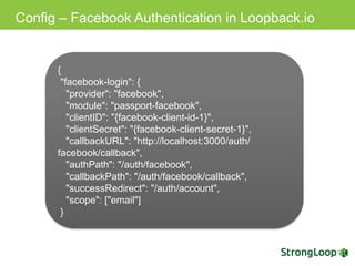 Config – Facebook Authentication in Loopback.io
{
"facebook-login": {
"provider": "facebook",
"module": "passport-facebook",
"clientID": "{facebook-client-id-1}",
"clientSecret": "{facebook-client-secret-1}",
"callbackURL": "http://localhost:3000/auth/facebook
/callback",
"authPath": "/auth/facebook",
"callbackPath": "/auth/facebook/callback",
"successRedirect": "/auth/account",
"scope": ["email"]
}
 