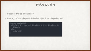 PHÂN QUYỀN
• 1 User có thể có nhiều Role?
• 1 tác vụ chỉ cho phép vài Role nhất định được phép thực thi:
 