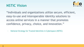 3
NSTIC Vision
“Individuals and organizations utilize secure, efficient,
easy‐to‐use and interoperable identity solutions to
access online services in a manner that promotes
confidence, privacy, choice, and innovation.”
- National Strategy for Trusted Identities in Cyberspace (NSTIC)
 