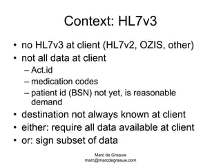 Marc de Graauwmarc@marcdegraauw.comContext: HL7v3no HL7v3 at client (HL7v2, OZIS, other)not all data at clientAct.idmedication codespatient id (BSN) not yet, is reasonable demanddestination not always known at clienteither: require all data available at clientor: sign subset of data