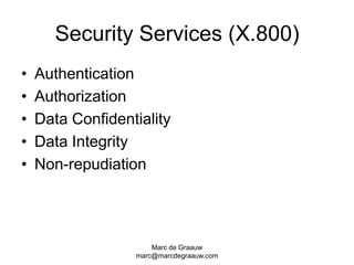 Marc de Graauwmarc@marcdegraauw.comSecurity Services (X.800)AuthenticationAuthorizationData ConfidentialityData IntegrityNon-repudiation