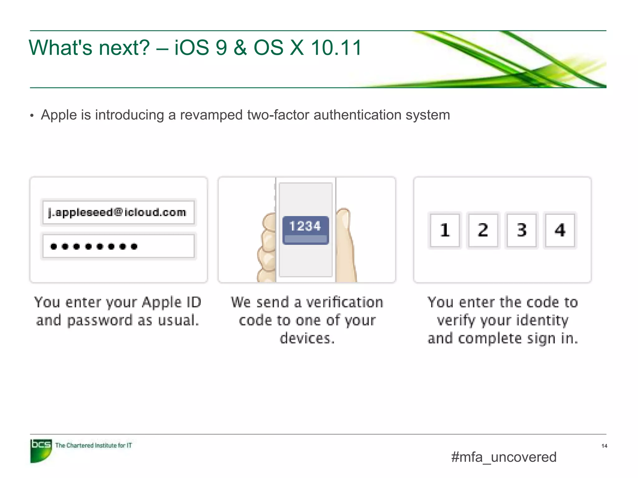 What's next? – iOS 9 & OS X 10.11
14
• Apple is introducing a revamped two-factor authentication system
#mfa_uncovered
 