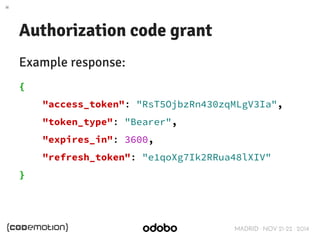 MADRID · NOV 21-22 · 2014 
Authorization code grant 
Example response: 
{ 
"access_token": "RsT5OjbzRn430zqMLgV3Ia", 
"token_type": "Bearer", 
"expires_in": 3600, 
"refresh_token": "e1qoXg7Ik2RRua48lXIV" 
} 
 