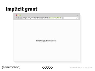 MADRID · NOV 21-22 · 2014 
Implicit grant 
https://myFrontendApp.com/#/cb?token=TOKEN 
Finishing authentication... 
 