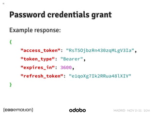 MADRID · NOV 21-22 · 2014 
Password credentials grant 
Example response: 
{ 
"access_token": "RsT5OjbzRn430zqMLgV3Ia", 
"token_type": "Bearer", 
"expires_in": 3600, 
"refresh_token": "e1qoXg7Ik2RRua48lXIV" 
} 
 