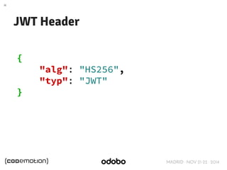 MADRID · NOV 21-22 · 2014 
JWT Header 
{ 
"alg": "HS256", 
"typ": "JWT" 
} 
 
